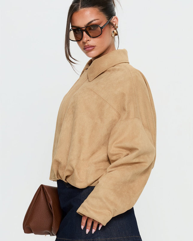 Enlightened Faux Suede Bomber Jacket Beige
