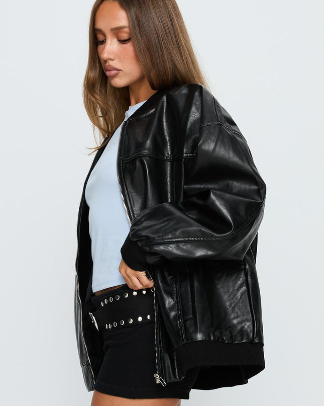 Believe It Faux Leather Bomber Jacket Black