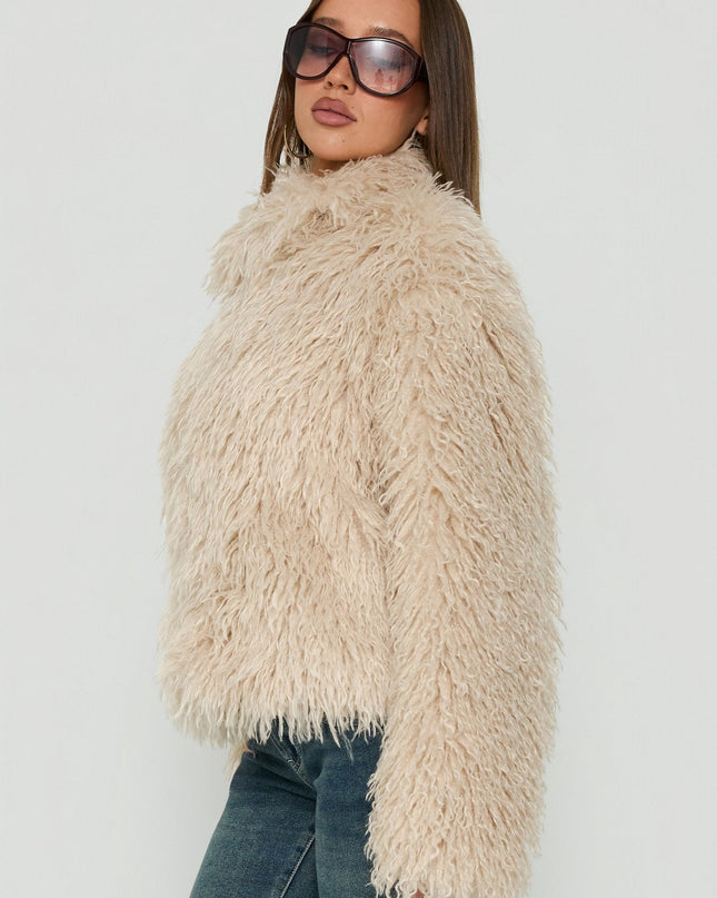 Kaiero Oversized Faux Fur Shag Jacket Cream