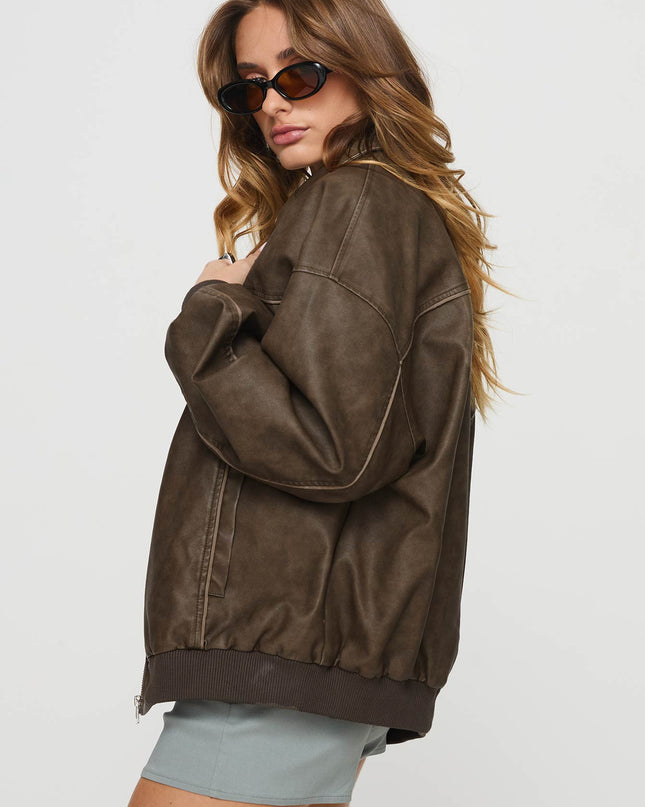 Goldsmith Faux Leather Bomber Jacket Washed Dark Brown