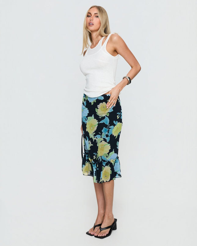 Tarla Midi Skirt Crystal Black Flower