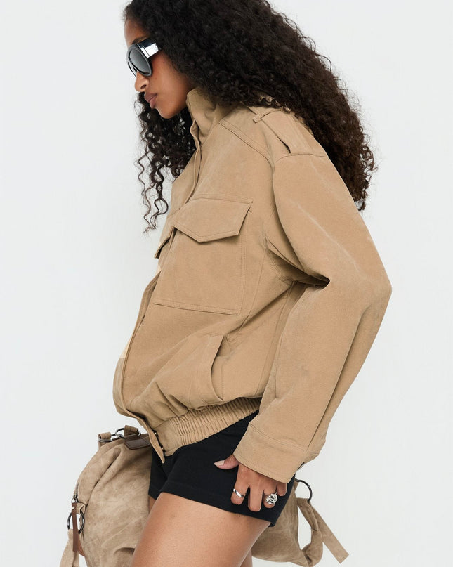 Double Life Funnel Neck Cargo Jacket Beige