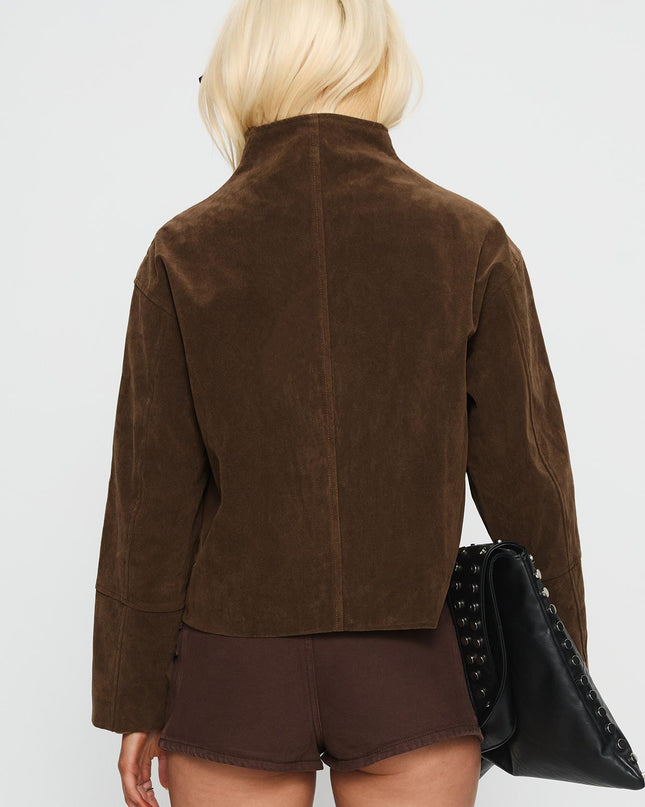 Jessalynn Faux Suede Zip Through Jacket Brown