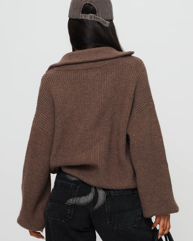Hertford Zip Through Knit Sweater Brown