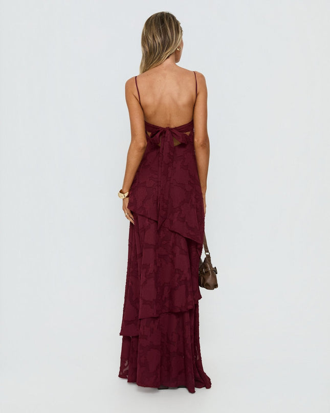 Lyricah Tiered Tie Back Maxi Dress Burgundy Petite