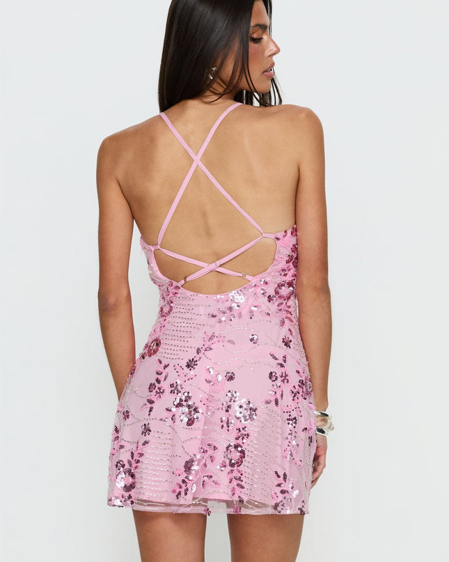 Steffie Beaded Backless Mini Dress Pink