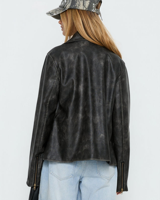 Vyolette Faux Leather Collared Jacket Washed Black