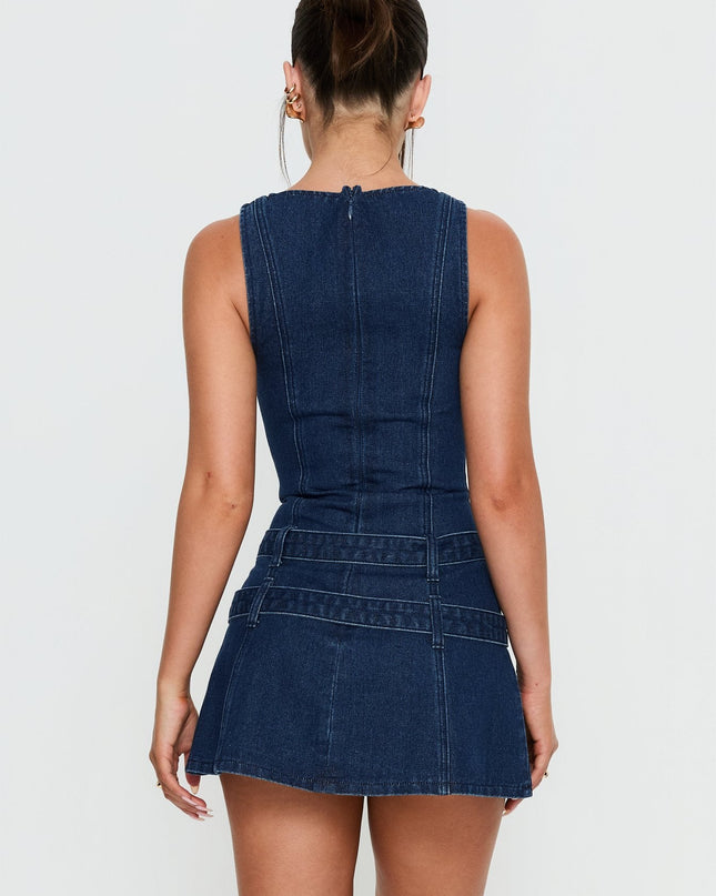 Kainer Denim Buckle Mini Dress Dark Blue Wash