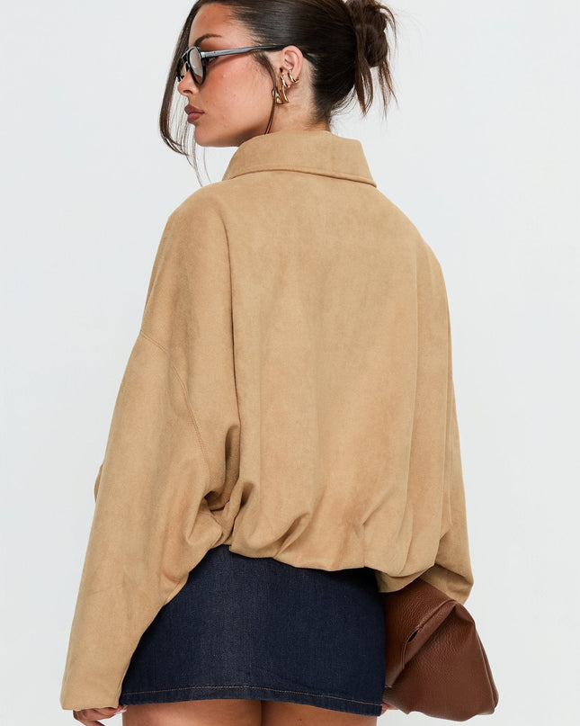Enlightened Faux Suede Bomber Jacket Beige