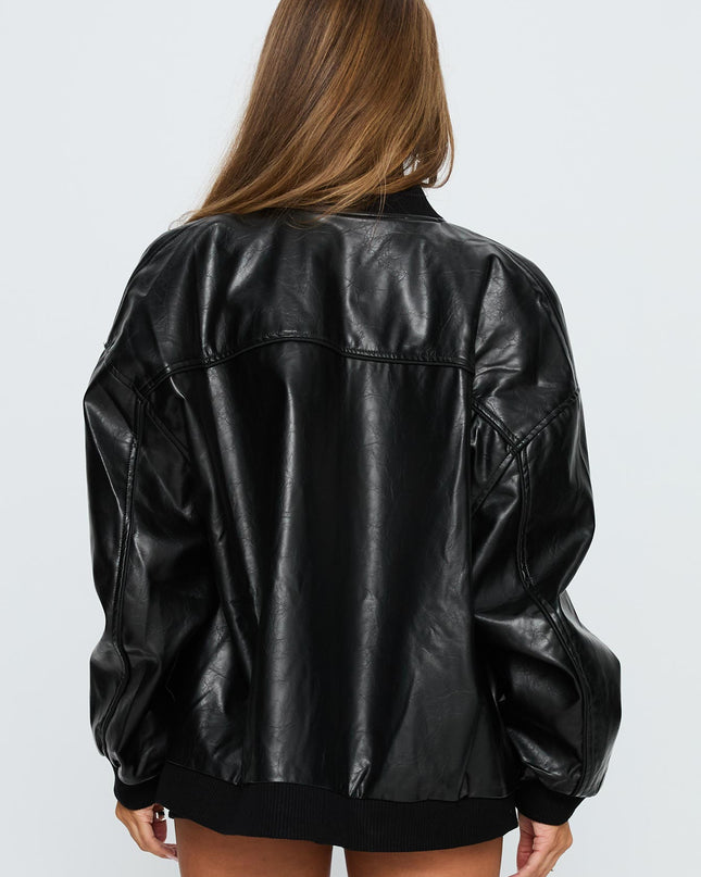 Believe It Faux Leather Bomber Jacket Black