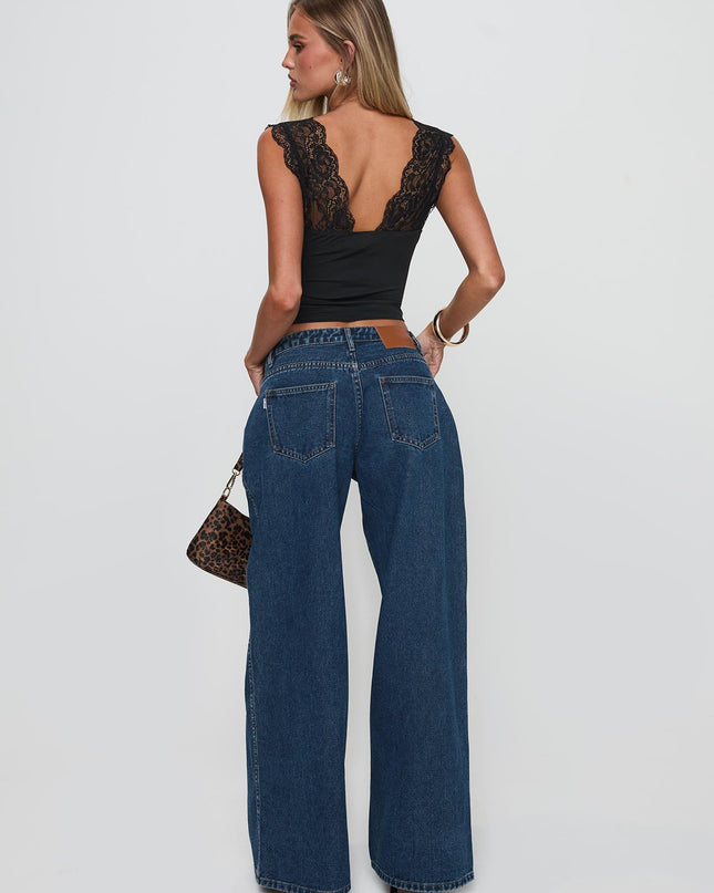 Ramos Low Rise Wide Leg Denim Jeans Dark Blue Wash