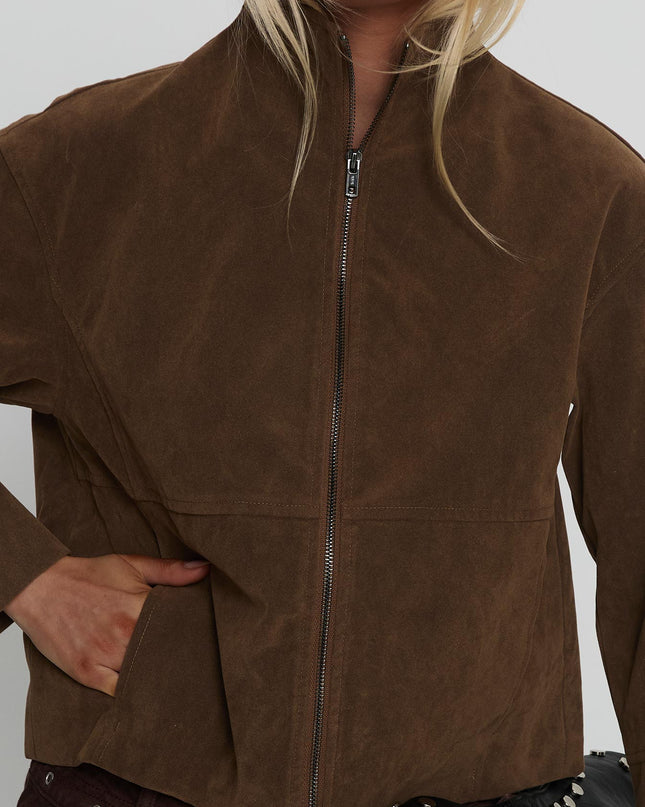 Jessalynn Faux Suede Zip Through Jacket Brown