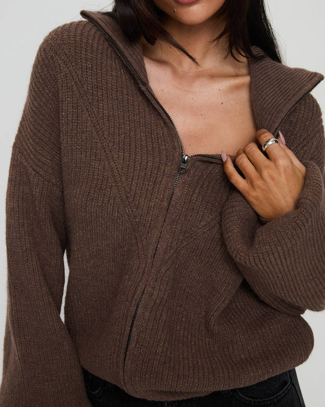 Hertford Zip Through Knit Sweater Brown