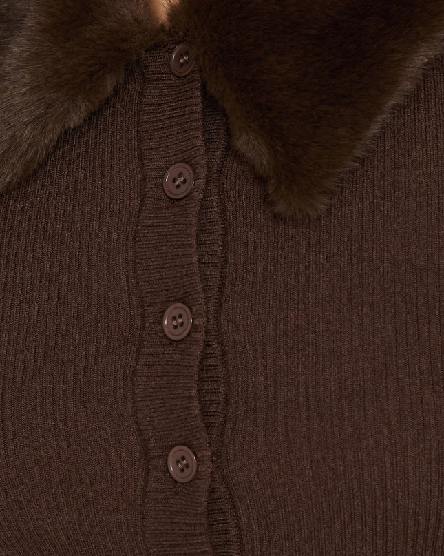 Chiqueeta Faux Fur Trim Knit Cardigan Chocolate