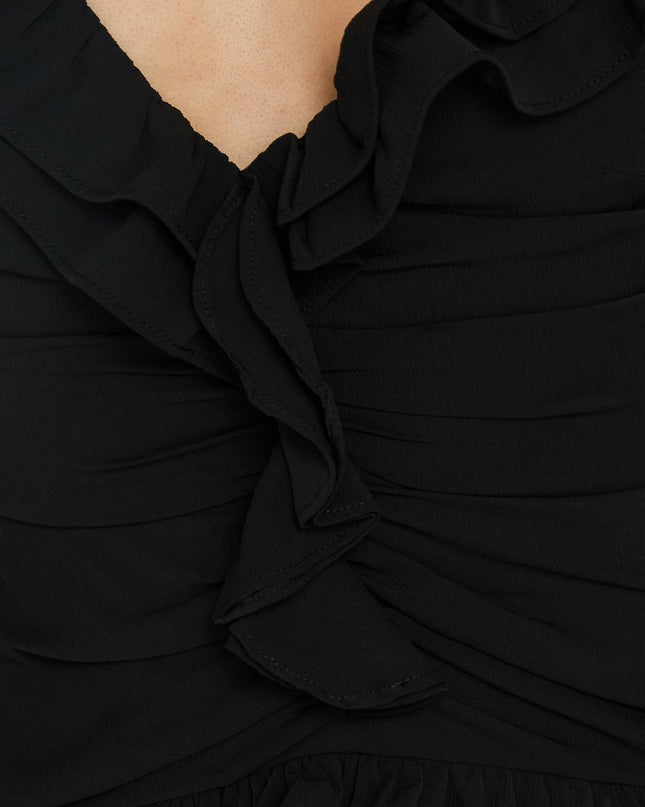 Fawnia Frill Ruched Mini Dress Black