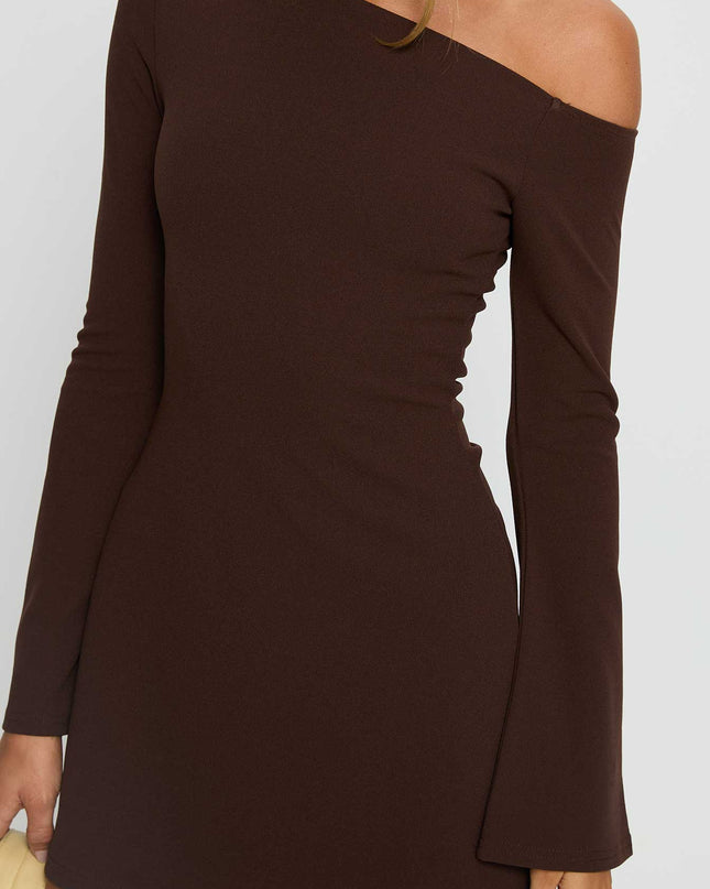 Adrietta Long Sleeve Off Shoulder Mini Dress Brown