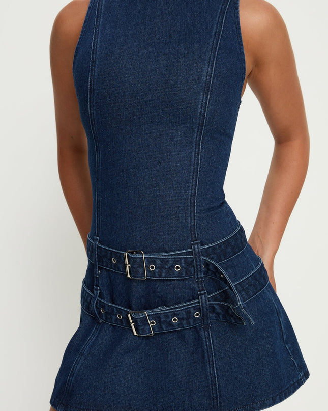 Kainer Denim Buckle Mini Dress Dark Blue Wash