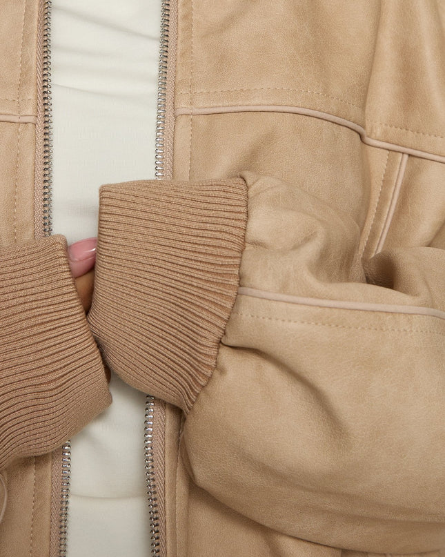 Believe It Faux Leather Bomber Jacket Washed Stone