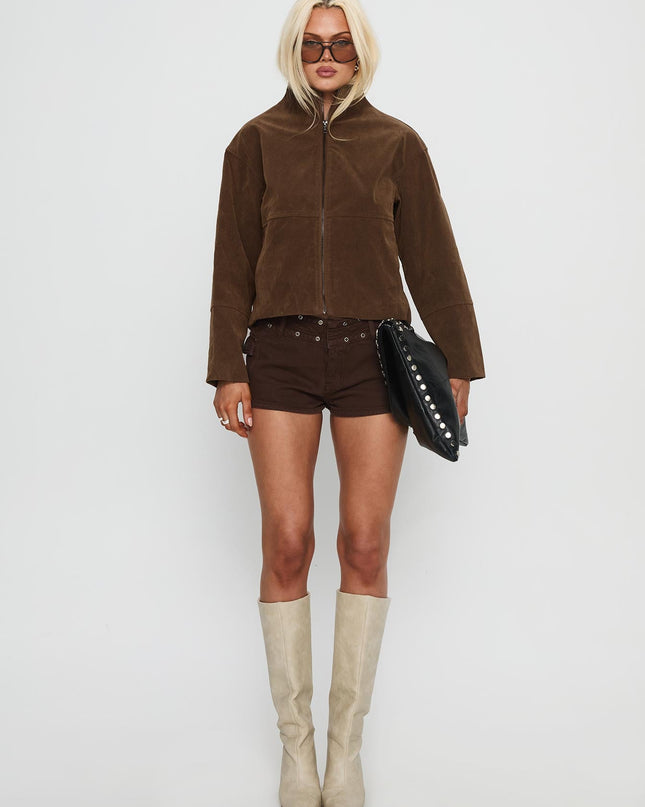Jessalynn Faux Suede Zip Through Jacket Brown