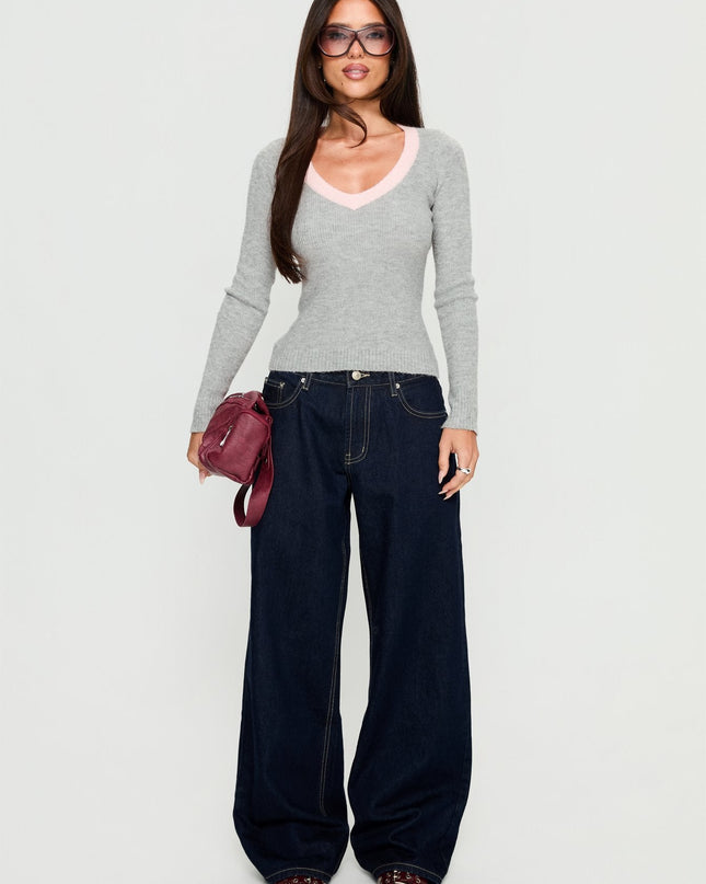 Vanita V Neck Long Sleeve Top Grey / Pink