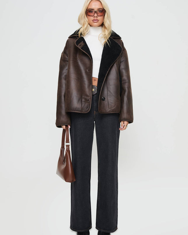 Nunez Faux Leather Jacket Washed Brown / Black