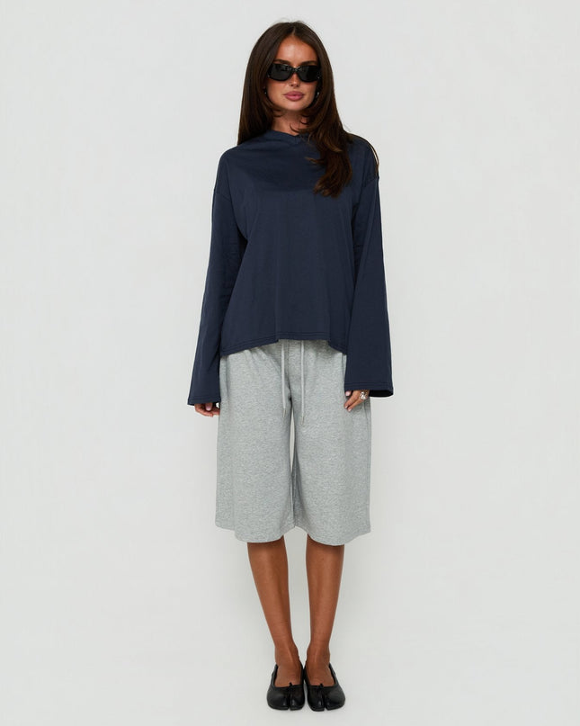 Settle Down Long Sleeve V Neck Top Navy