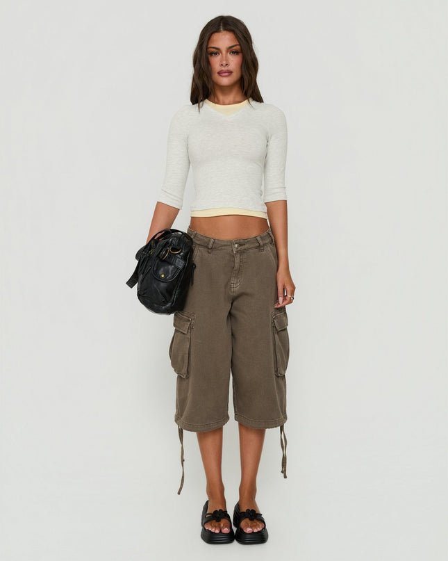 Briellah Layered 3/4 Sleeve Top Grey Marle / Yellow