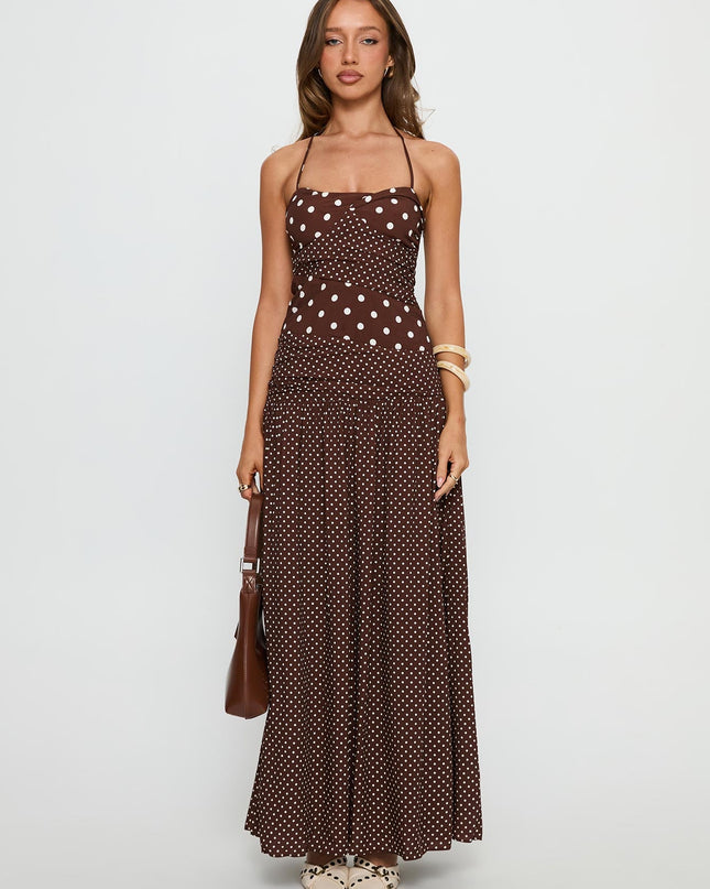 Marguerite Halter Maxi Dress Brown Polka Dot