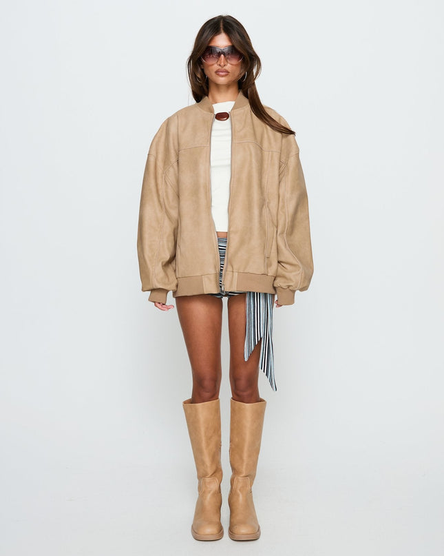 Believe It Faux Leather Bomber Jacket Washed Stone