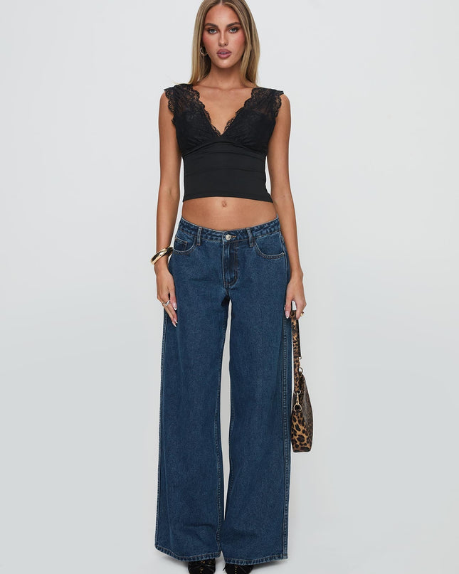 Ramos Low Rise Wide Leg Denim Jeans Dark Blue Wash