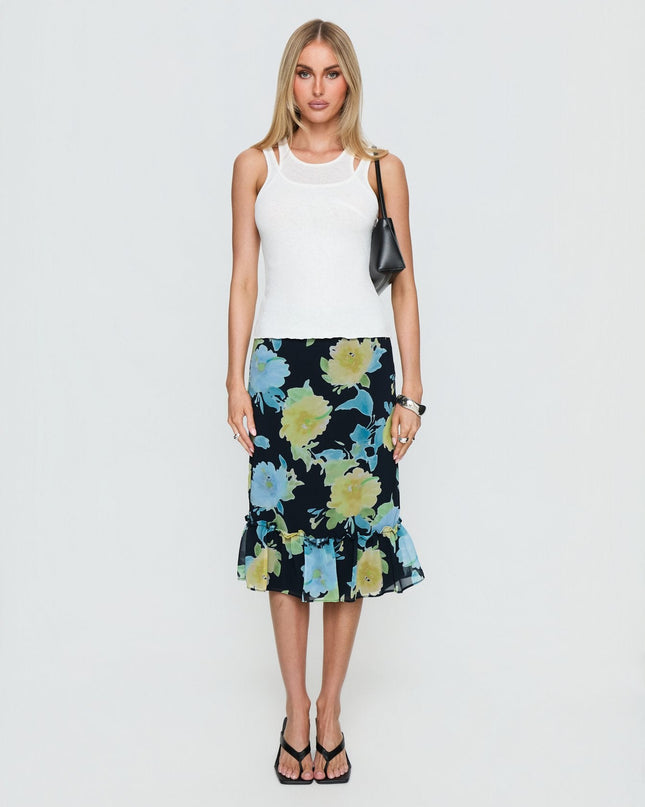 Tarla Midi Skirt Crystal Black Flower