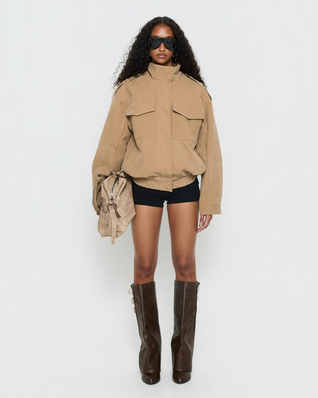Double Life Funnel Neck Cargo Jacket Beige