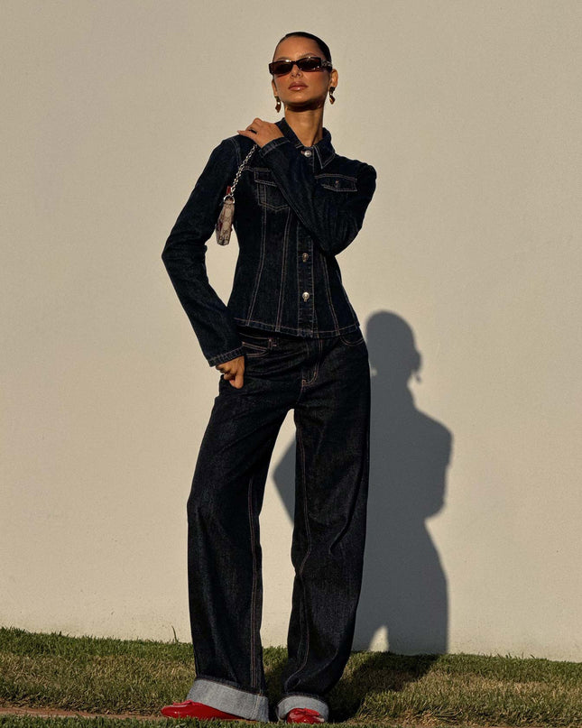 Top Model Low Rise Straight Leg Cuffed Jean Dark Denim