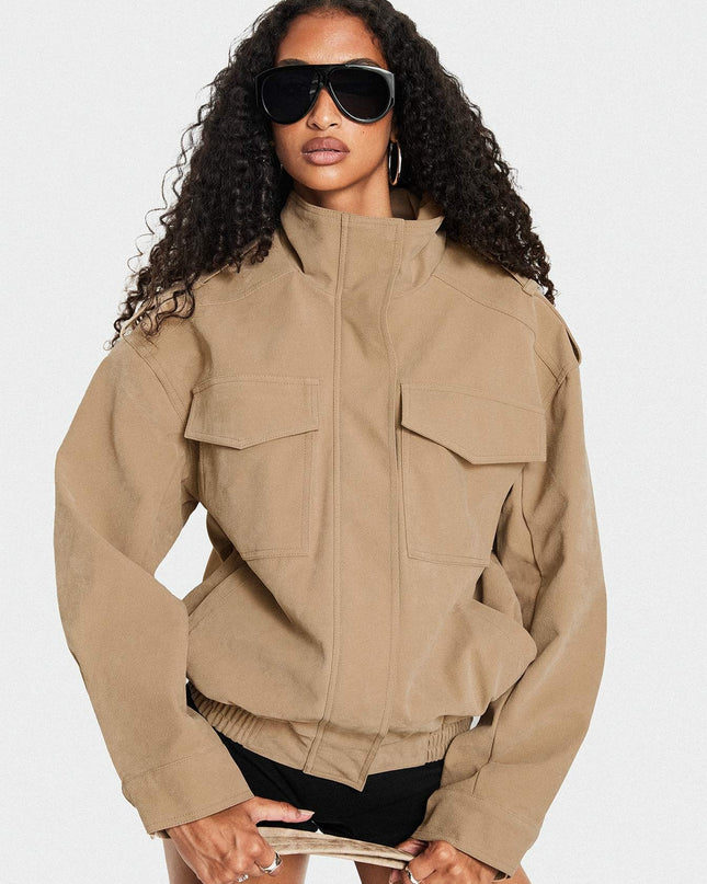Double Life Funnel Neck Cargo Jacket Beige
